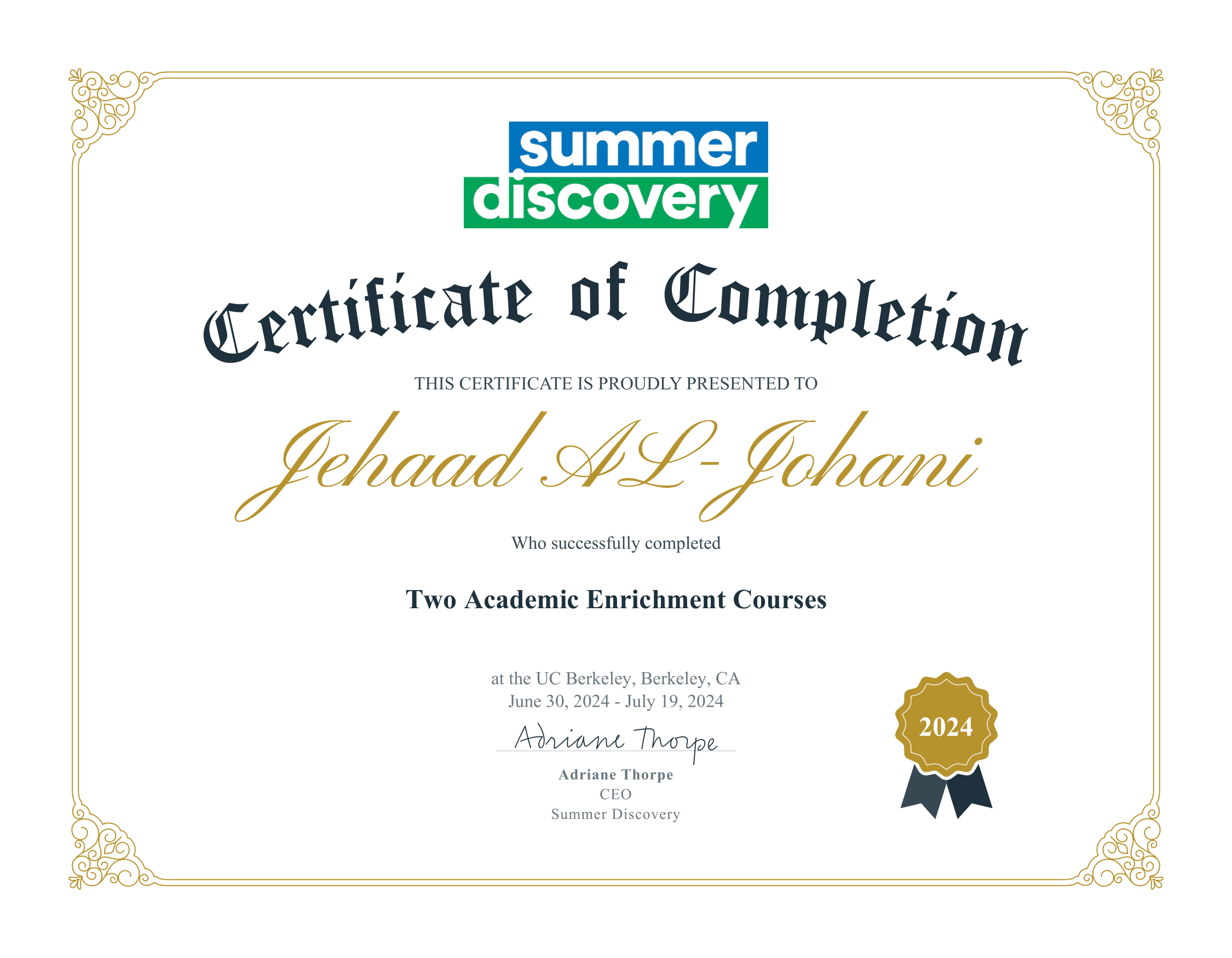 Certificate of Completion of Two Courses at UC Berkeley from Summer Discovery